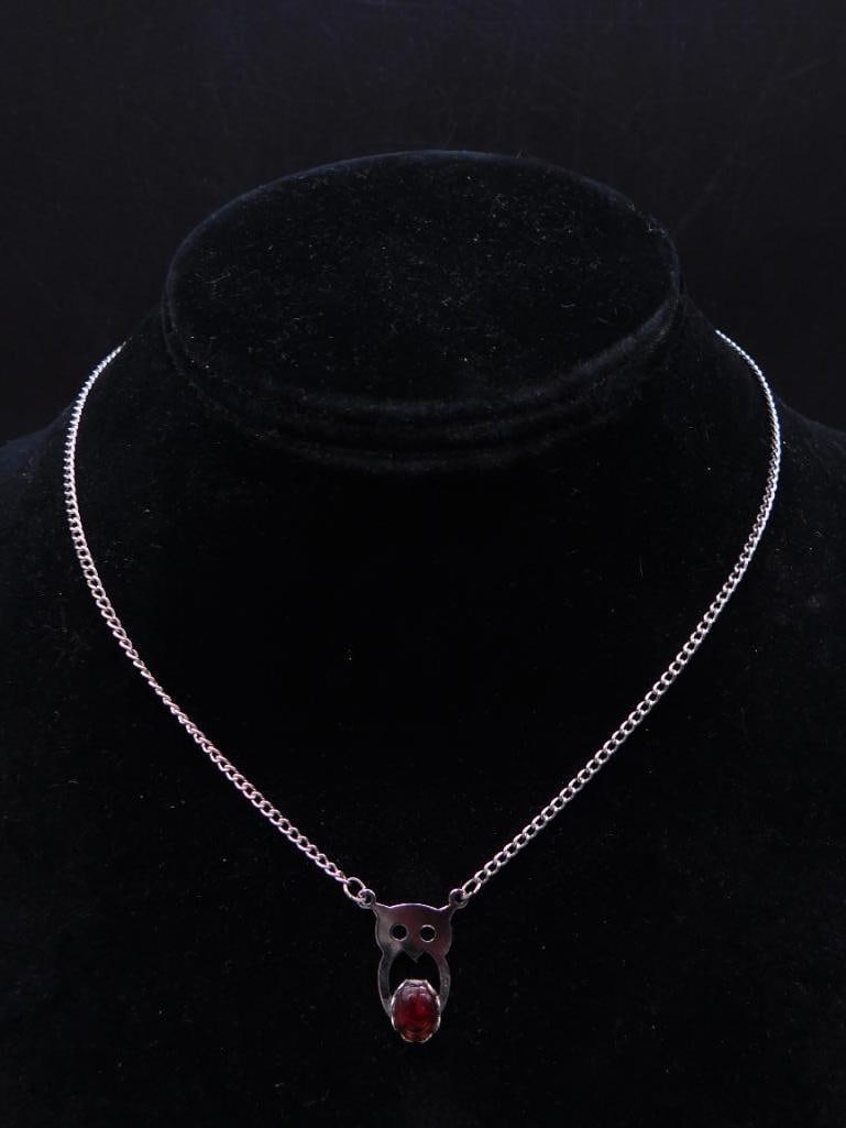 Silver Owl Pendant Necklace with Red Stone - 2
