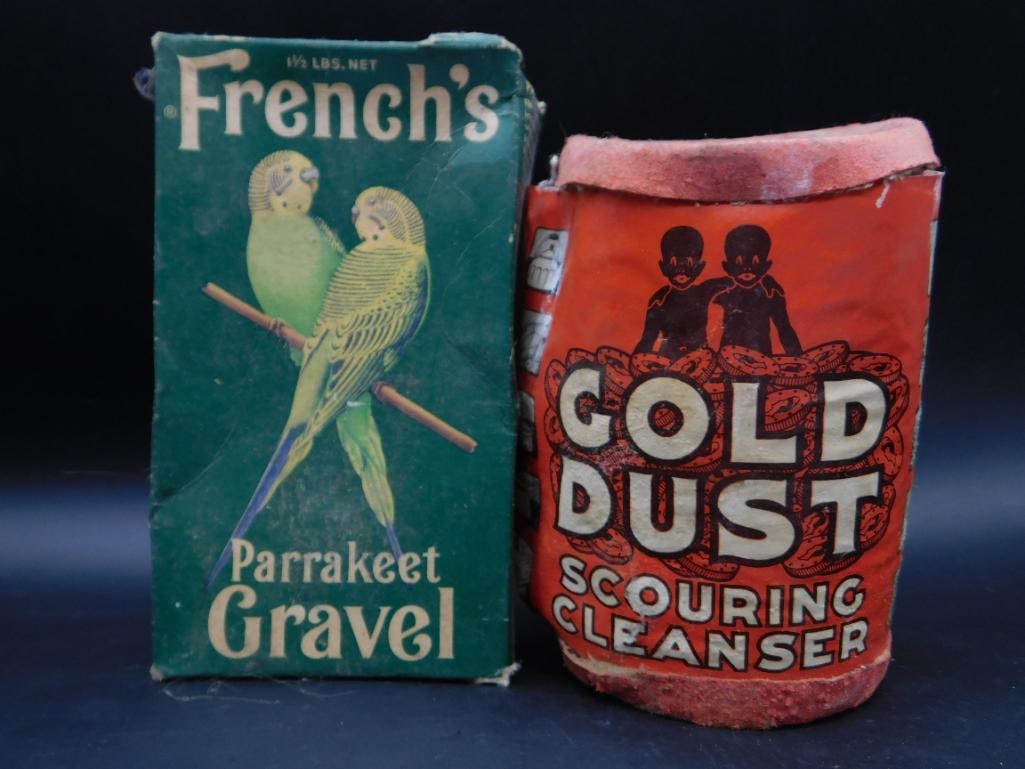 FRENCHS PARRAKEET GRAVEL AND GOLD DUST SCOURING CLEANSER ADVERTISING BOXES VINTAGE ANTIQUE (1 of 2)