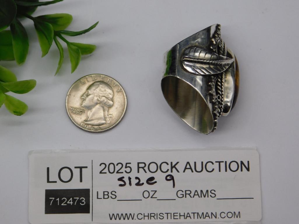 TIGER EYE RING SIZE 9 WITH INTRICATE TOOLING - 2