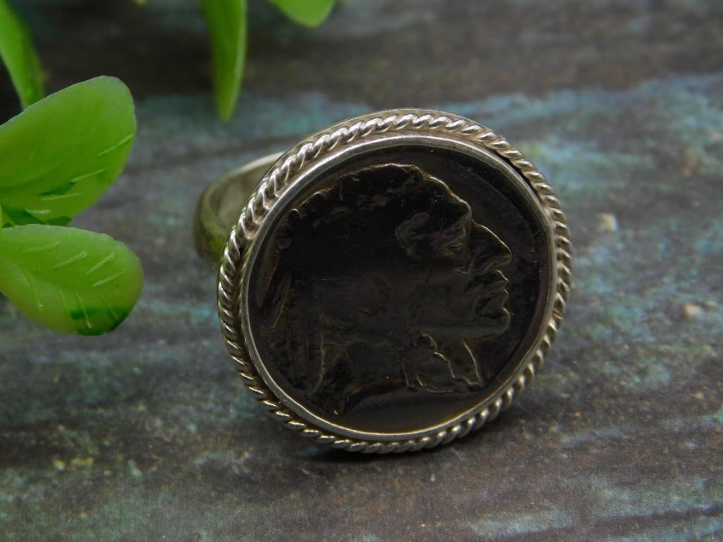 STERLING SILVER BUFFALO NICKEL RING SIZE 9 ROCK STONE LAPIDARY SPECIMEN: STERLING SILVER BUFFALO NICKEL RING SIZE 9 ROCK STONE LAPIDARY SPECIMEN