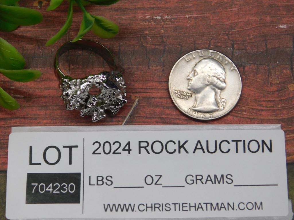 Silver Metal Nugget Style Ring with Abstract Design - 2