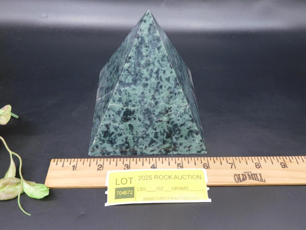 Green Stone Pyramid Sculpture With Patterned Surface - 2