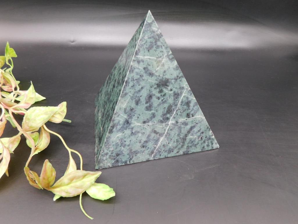 Green Stone Pyramid Sculpture With Patterned Surface - 3