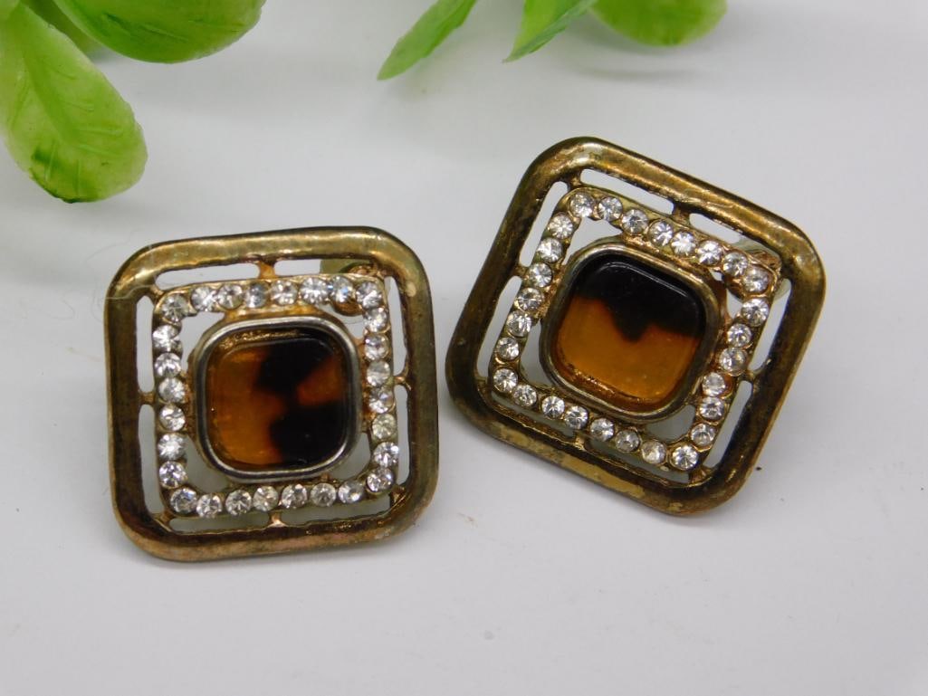 Vintage Square Rhinestone and Amber Acrylic Clip-On Earrings: Vintage Square Rhinestone and Amber Acrylic Clip-On Earrings