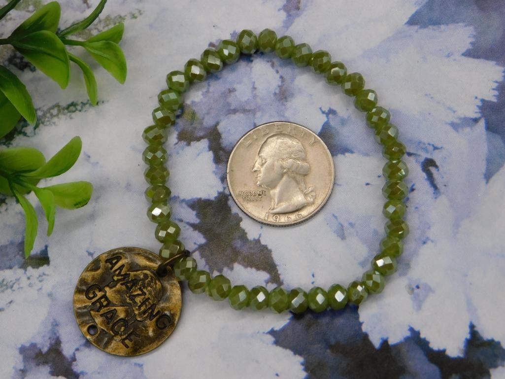 Green Beaded Bracelet With Engraved Charm - 2