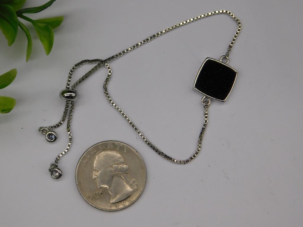 Silver-Tone Adjustable Bracelet with Black Square Pendant - 2