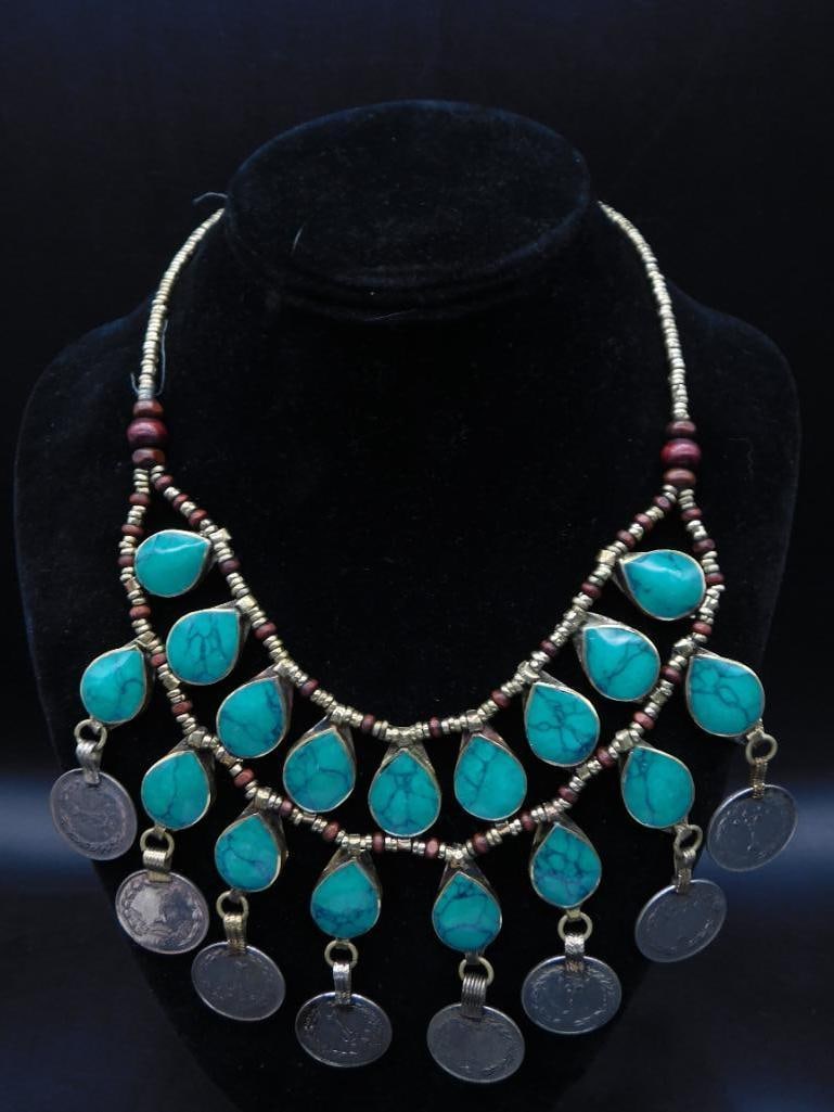 TURQUOISE TEARDROP AND COIN DOUBLE STRAND NECKLACE: TURQUOISE TEARDROP AND COIN DOUBLE STRAND NECKLACE