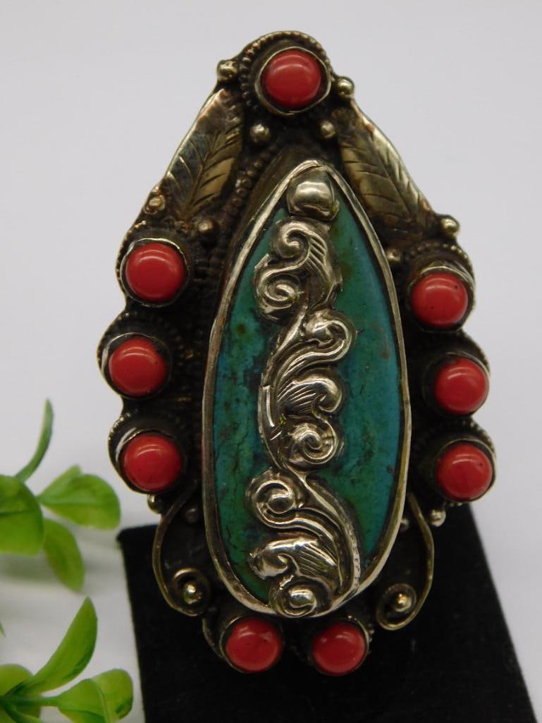 TURQUOISE AND RED CORAL ADJUSTABLE STATEMENT RING ROCK STONE LAPIDARY SPECIMEN: TURQUOISE AND RED CORAL ADJUSTABLE STATEMENT RING ROCK STONE LAPIDARY SPECIMEN