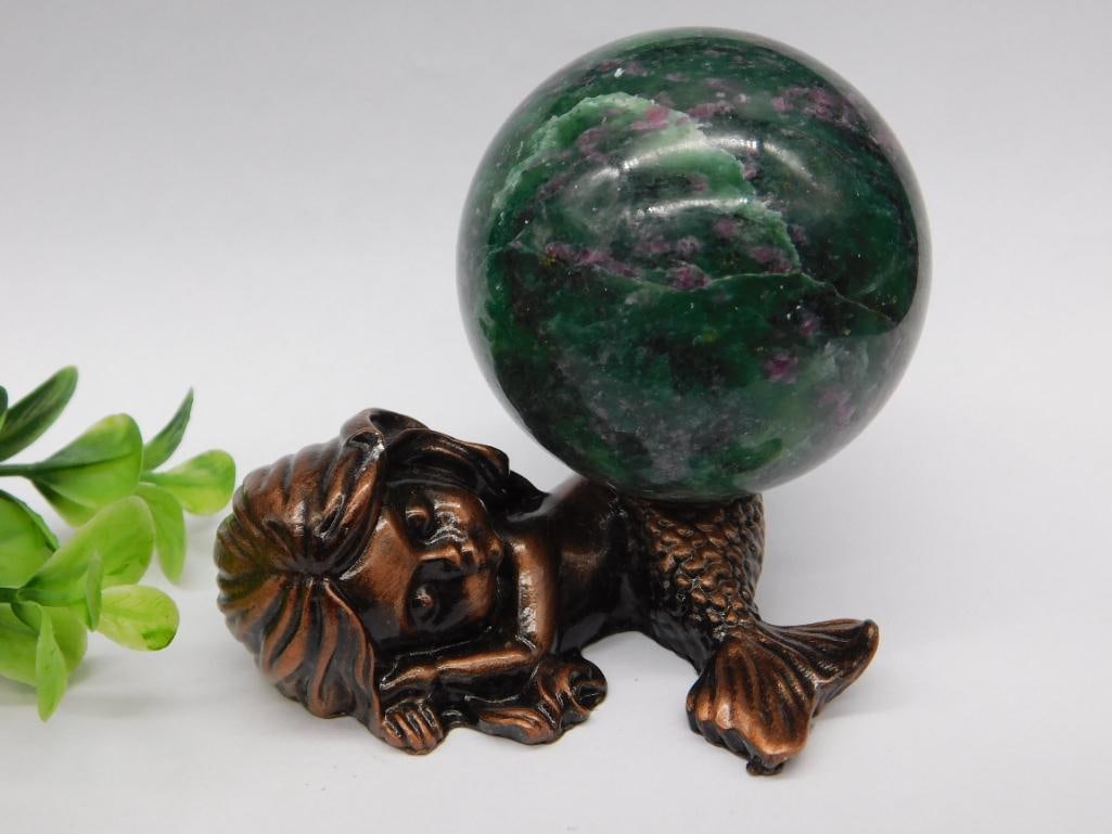 RUBY IN ZOISITE SPHERE ON MERMAID DISPLAY ROCK STONE LAPIDARY SPECIMEN: RUBY IN ZOISITE SPHERE ON MERMAID DISPLAY ROCK STONE LAPIDARY SPECIMEN