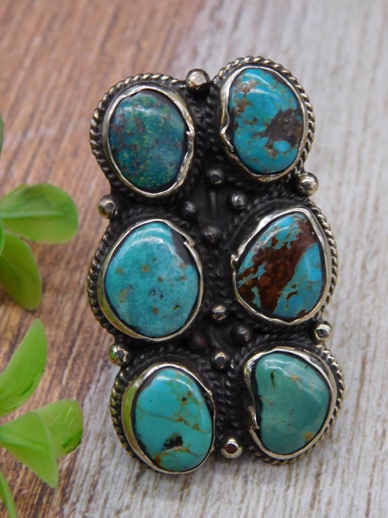 TURQUOISE ADJUSTABLE RING WITH INTRICATE TOOLING ROCK STONE LAPIDARY SPECIMEN: TURQUOISE ADJUSTABLE RING WITH INTRICATE TOOLING ROCK STONE LAPIDARY SPECIMEN