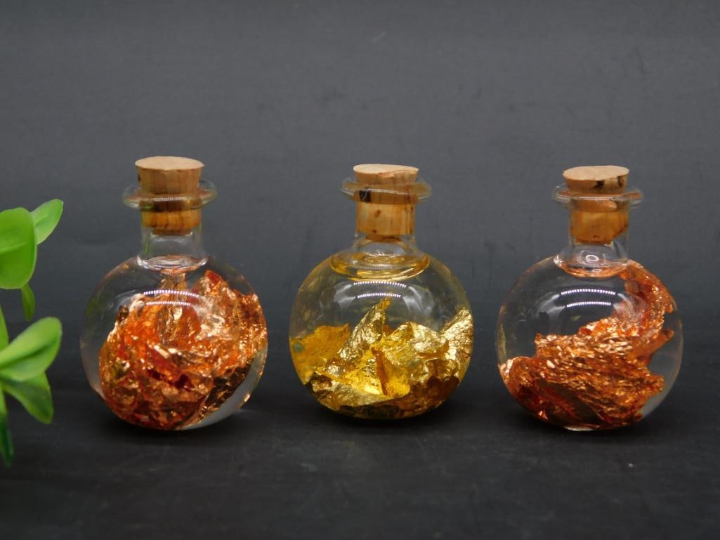 GOLD AND COPPER FLAKES IN BOTTLES ROCK STONE LAPIDARY SPECIMEN: GOLD AND COPPER FLAKES IN BOTTLES ROCK STONE LAPIDARY SPECIMEN