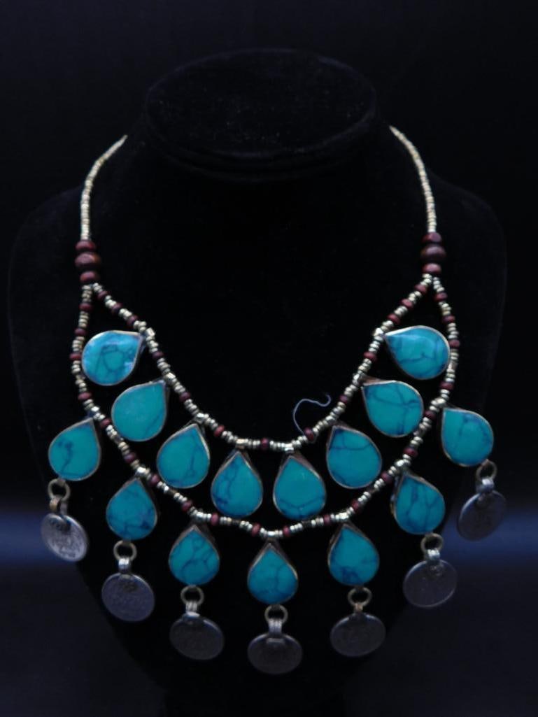 MULTI STRAND TURQUOISE AND COIN STATEMENT NECKLACE ROCK STONE LAPIDARY SPECIMEN: MULTI STRAND TURQUOISE AND COIN STATEMENT NECKLACE ROCK STONE LAPIDARY SPECIMEN