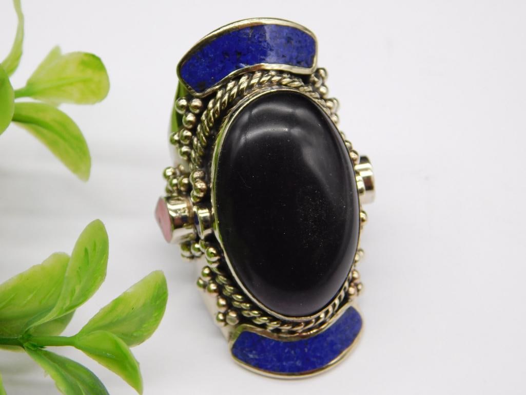 OBSIDIAN, LAPIS LAZULI, AND RED CORAL ADJUSTABLE STATEMENT RING ROCK STONE LAPIDARY SPECIMEN: OBSIDIAN, LAPIS LAZULI, AND RED CORAL ADJUSTABLE STATEMENT RING ROCK STONE LAPIDARY SPECIMEN