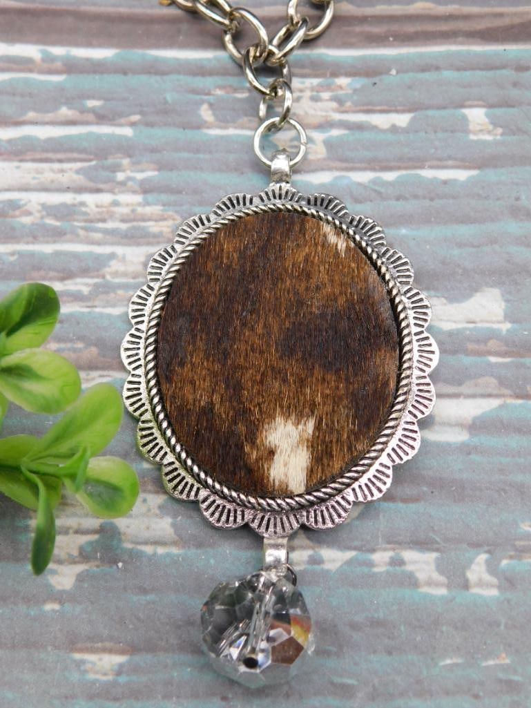 COW HIDE PENDANT ON CHAIN NECKLACE: COW HIDE PENDANT ON CHAIN NECKLACE