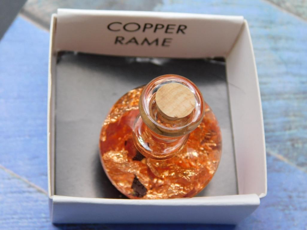 Small Glass Vial with Copper Foil Rock Stone Lapidary Specimen: Small Glass Vial with Copper Foil Rock Stone Lapidary Specimen