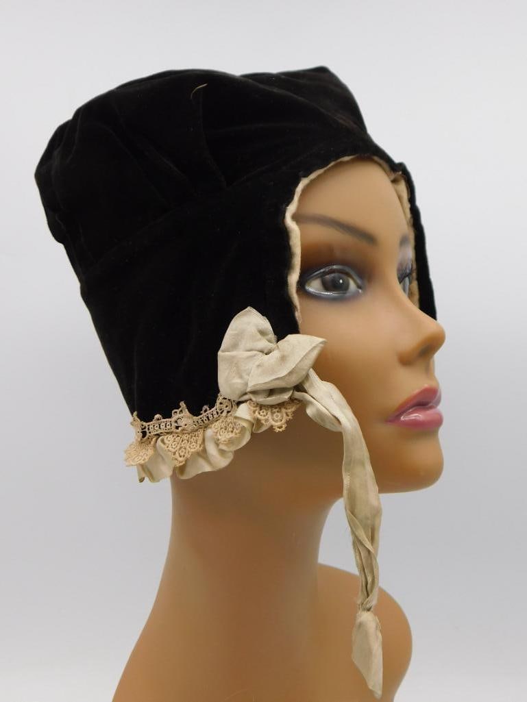 Antique Black Velvet Bonnet With Lace Trim and Bow: Antique Black Velvet Bonnet With Lace Trim and Bow