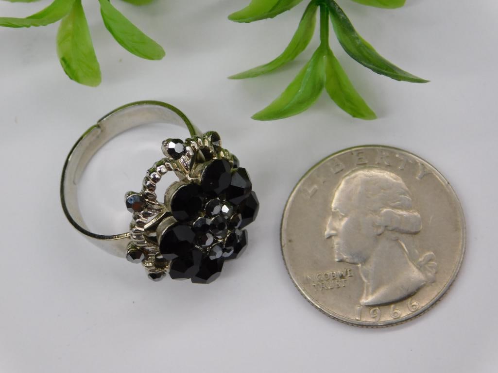 Silver-Tone Black Floral Adjustable Ring - 2