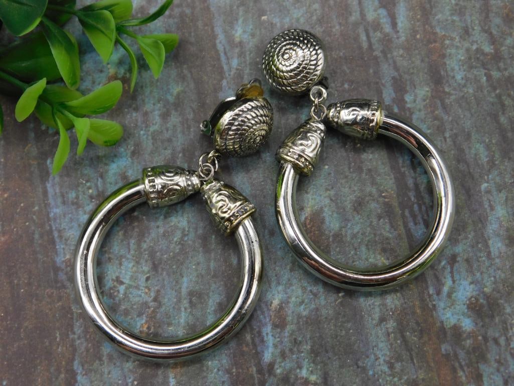 Silver-Tone Clip-On Hoop Earrings with Ornate Accents: Silver-Tone Clip-On Hoop Earrings with Ornate Accents