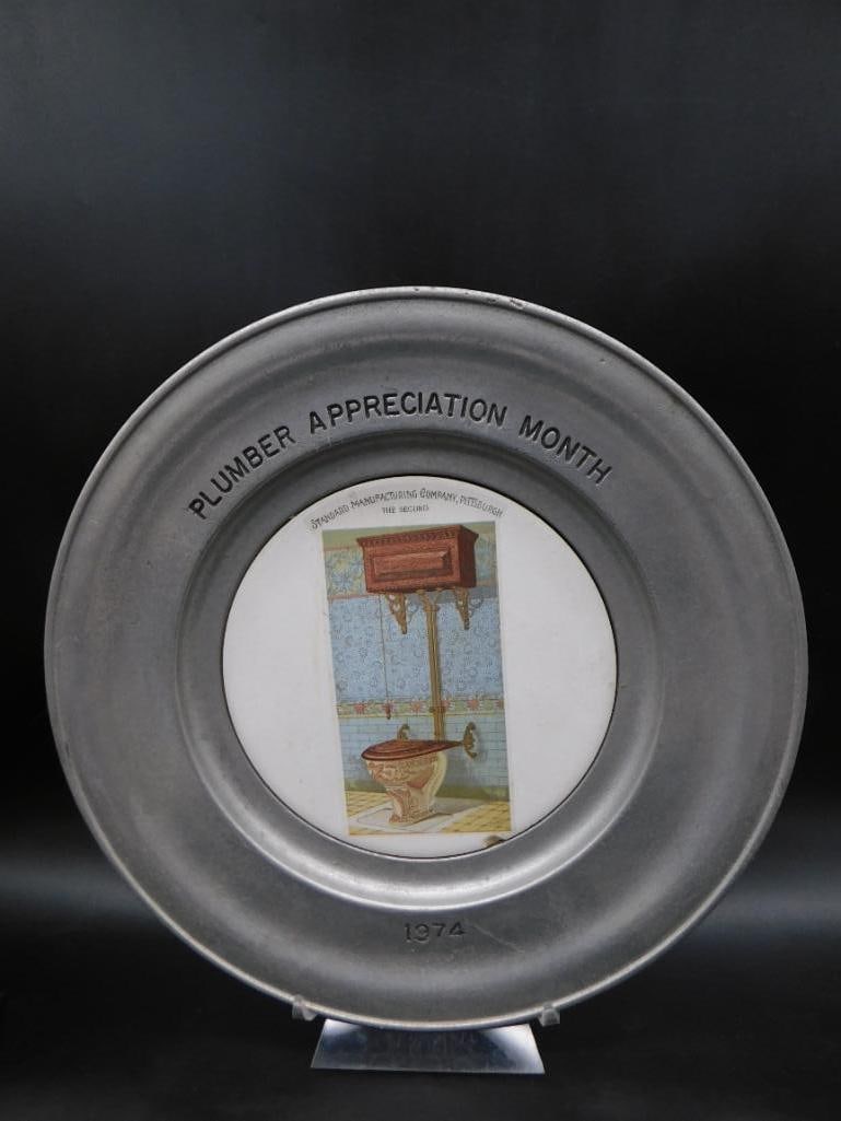 PLUMBER APPRECIATION MONTH 1974 PEWTER PLATE VINTAGE ANTIQUE: PLUMBER APPRECIATION MONTH 1974 PEWTER PLATE VINTAGE ANTIQUE
