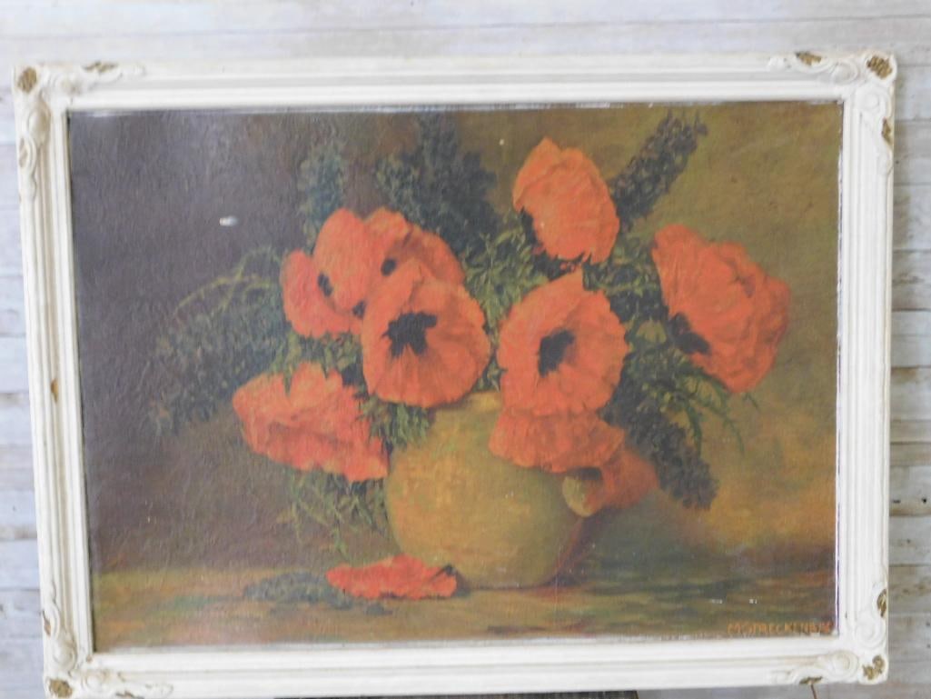 POPPIES FRAMED STILL LIFE ARTWORK VINTAGE ANTIQUE: POPPIES FRAMED STILL LIFE ARTWORK VINTAGE ANTIQUE