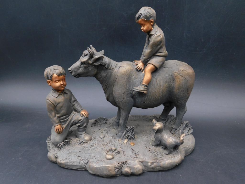 BOYS WITH COW STATUETTE VINTAGE ANTIQUE: BOYS WITH COW STATUETTE VINTAGE ANTIQUE