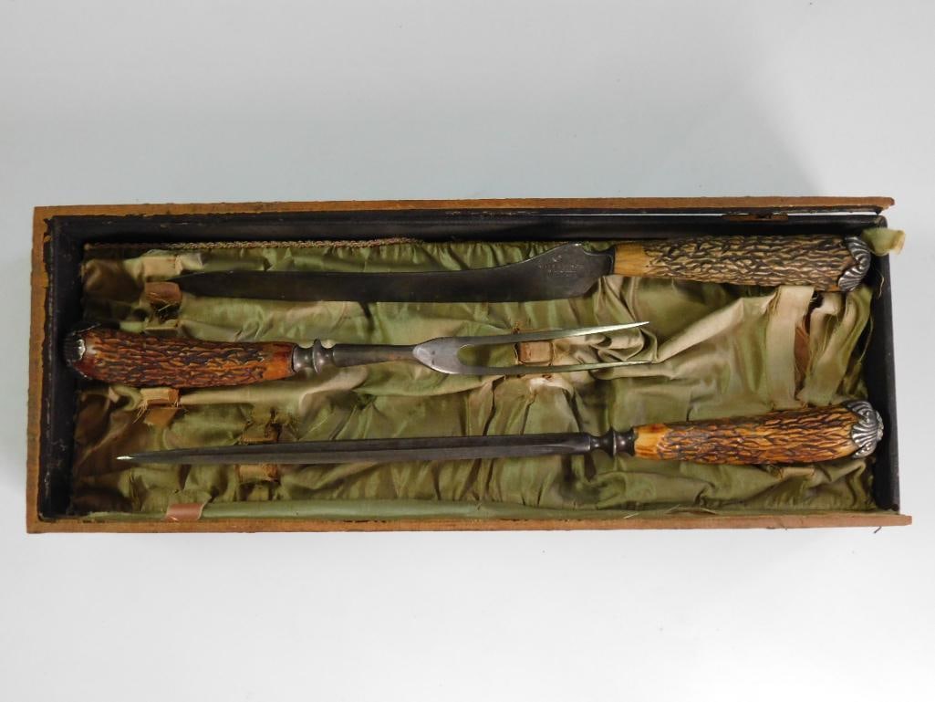 WILL & FINCK ANGLER HANDLED CARVING SET WITH STAG ANGLER HANDLES GOLD RUSH ERA OLD SF CAL WITH: WILL & FINCK ANGLER HANDLED CARVING SET WITH STAG ANGLER HANDLES GOLD RUSH ERA OLD SF CAL WITH ORIGINAL BOX