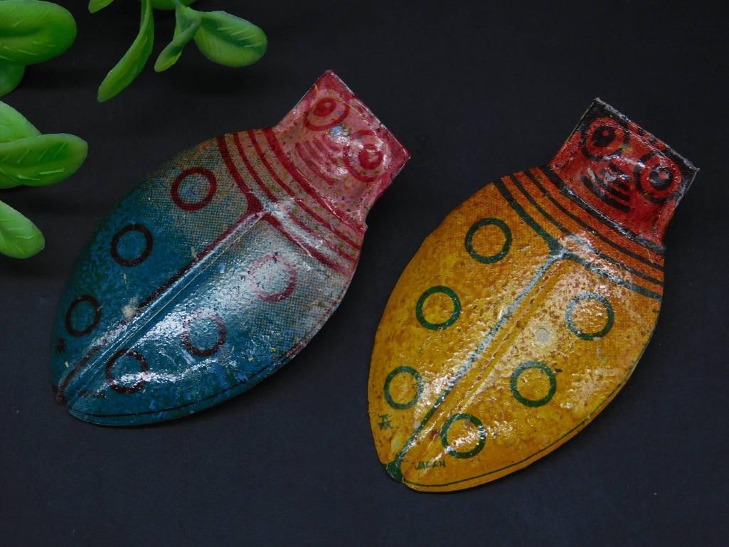 Pair of Vintage Colorful Beetle-shaped Metal Tin Toys: Pair of Vintage Colorful Beetle-shaped Metal Tin Toys