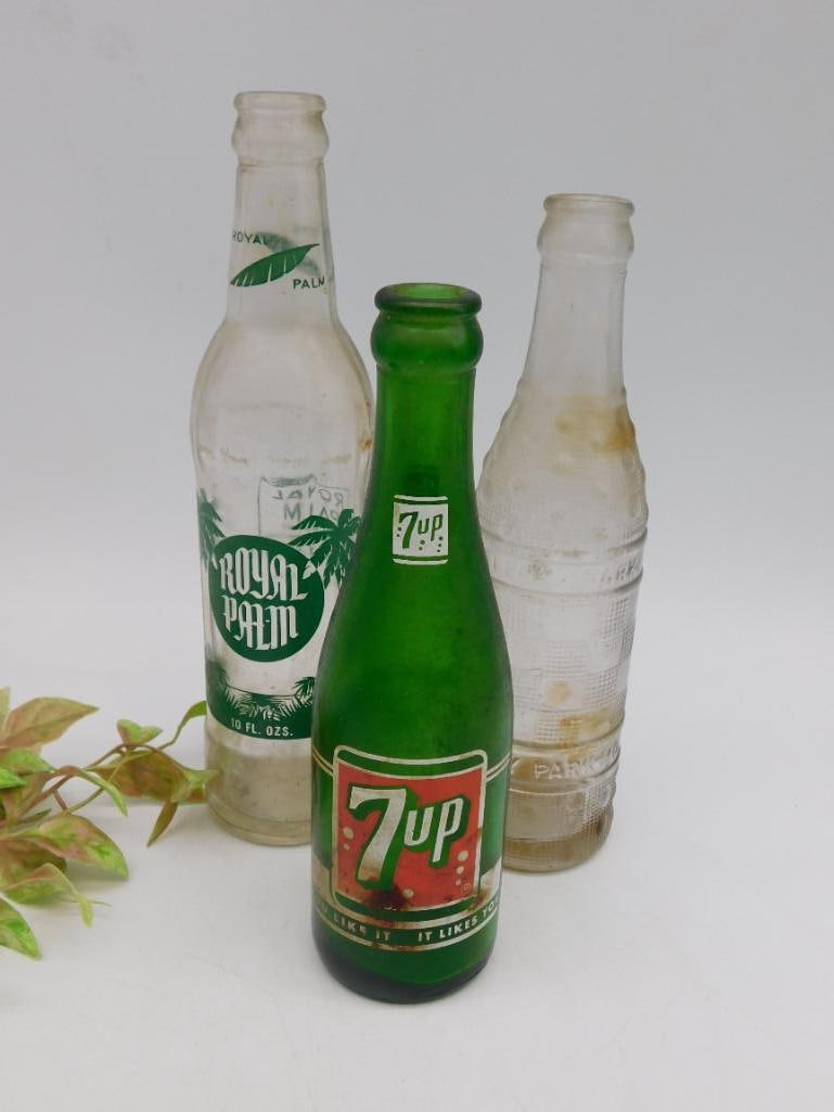 Lot of 3 Vintage Glass Soda Bottles - 7UP and Others: Lot of 3 Vintage Glass Soda Bottles - 7UP and Others