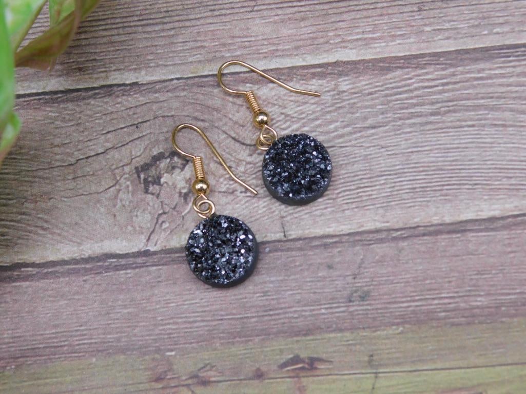 Pair of Black Glittered Round Dangle Earrings with Gold Hooks: Pair of Black Glittered Round Dangle Earrings with Gold Hooks