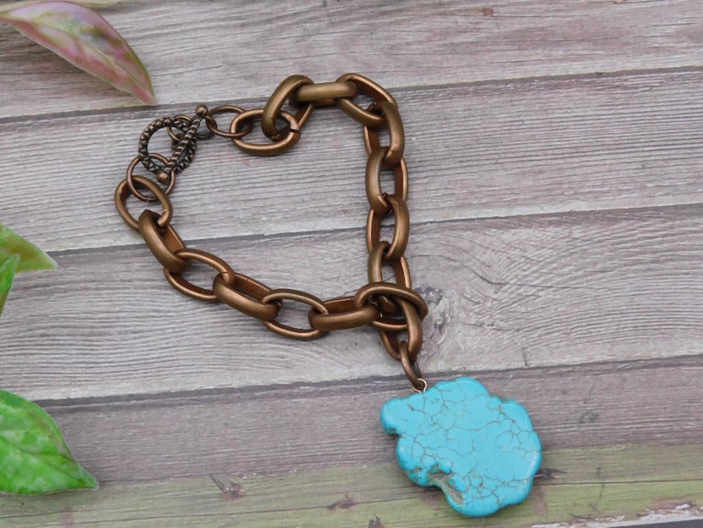 Bronze-Tone Chain Bracelet with Turquoise Pendant: Bronze-Tone Chain Bracelet with Turquoise Pendant