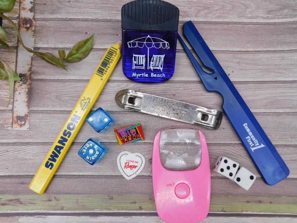 Miscellaneous Collectible Lot With Dice, Pins, and Tools: Miscellaneous Collectible Lot With Dice, Pins, and Tools
