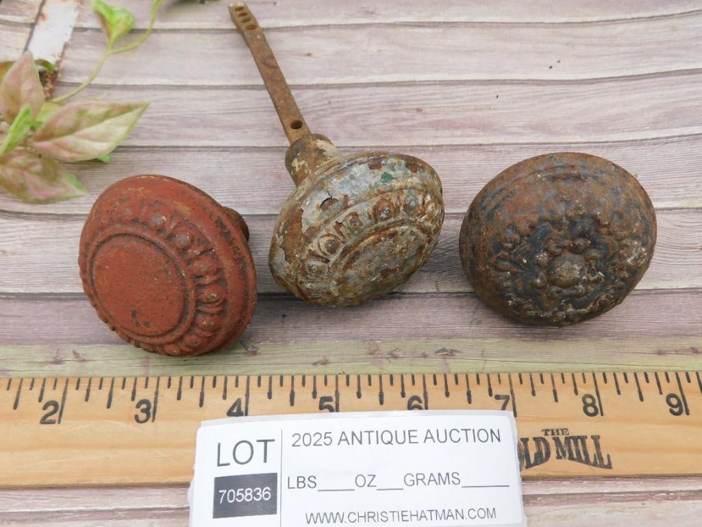 Set of Three Cast Iron Door Knobs with Decorative Patterns - 3