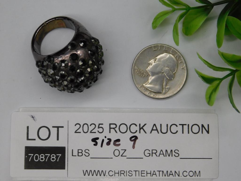 Size 9 Black Rhinestone Dome Ring - 2