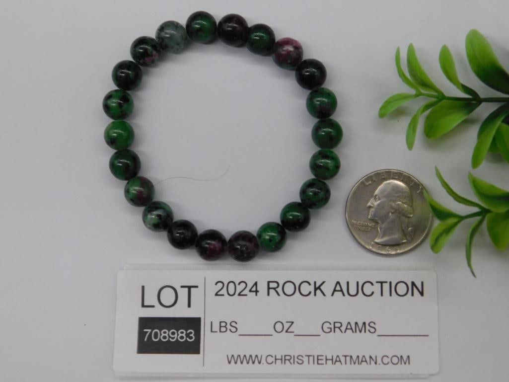 Round Bead Stretch Bracelet with Green and Black Pattern - 3
