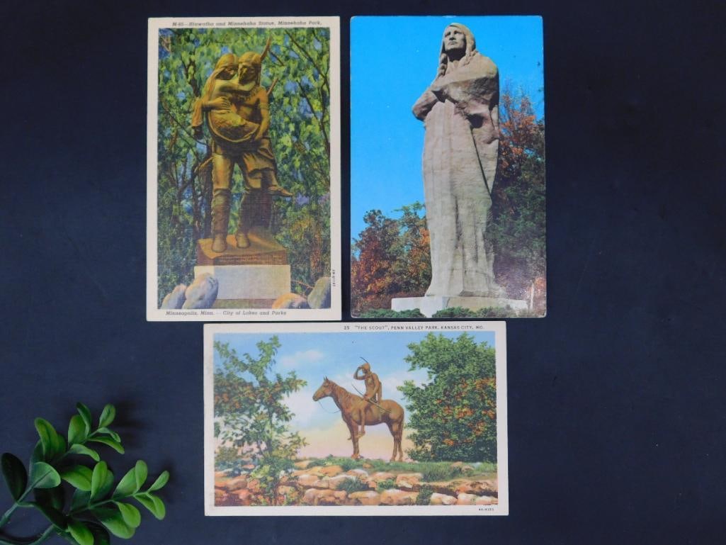 Set of Three Postcards Featuring Statues and Scenic Views: Set of Three Postcards Featuring Statues and Scenic Views