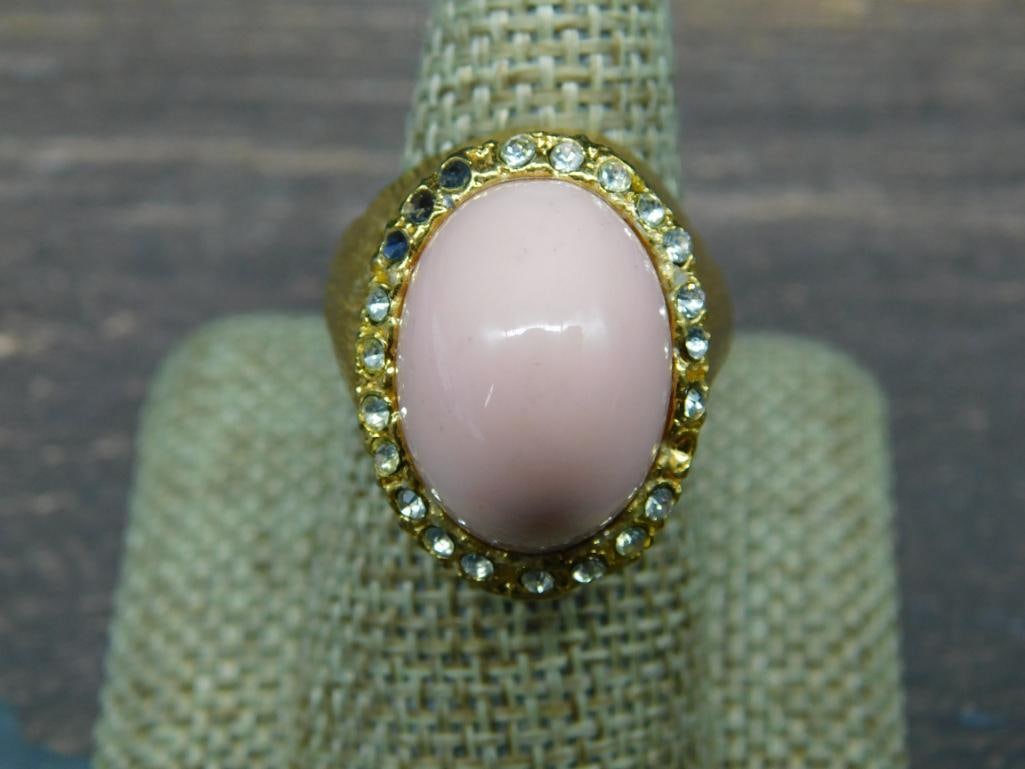 Gold Tone Ring with Pink Stone and Rhinestones, Size 7: Gold Tone Ring with Pink Stone and Rhinestones, Size 7