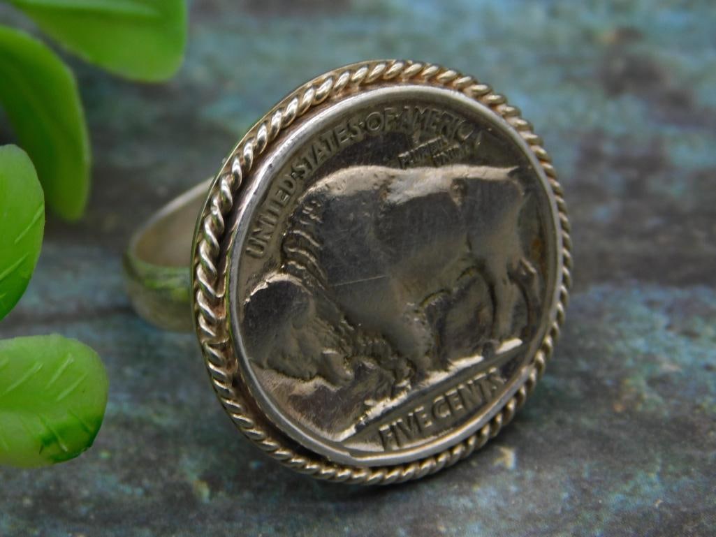 STERLING SILVER BUFFALO NICKEL RING SIZE 7 ROCK STONE LAPIDARY SPECIMEN: STERLING SILVER BUFFALO NICKEL RING SIZE 7 ROCK STONE LAPIDARY SPECIMEN