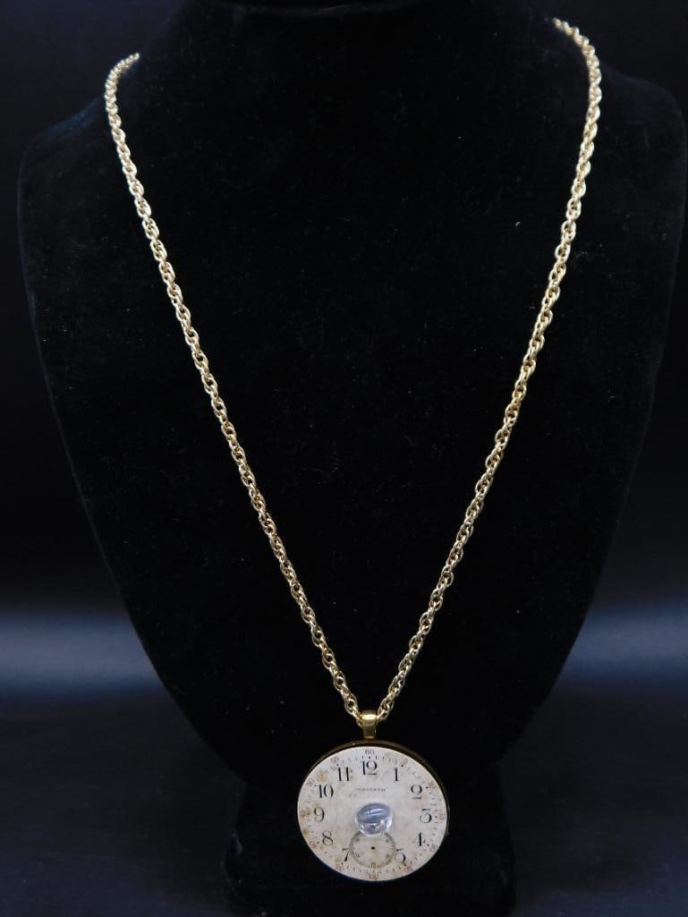 WATCH FACE TIME PIECE PENDANT WITH STONE ON CHAIN NECKLACE: WATCH FACE TIME PIECE PENDANT WITH STONE ON CHAIN NECKLACE