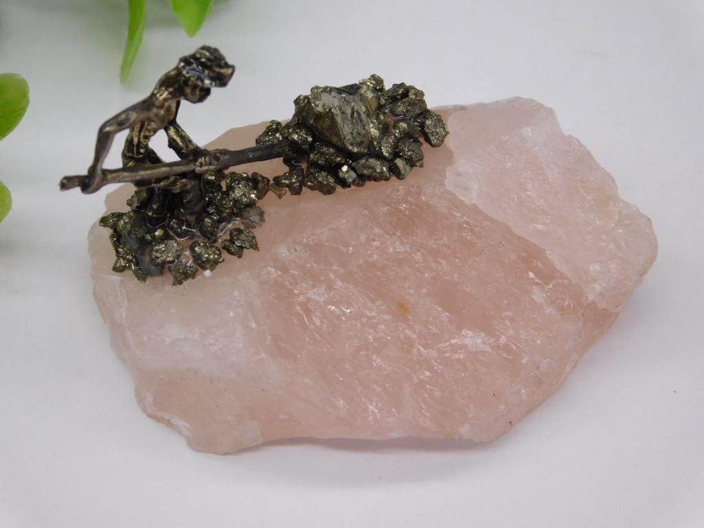 PYRITE MINER ON ROSE QUARTZ ROCK STONE LAPIDARY SPECIMEN: PYRITE MINER ON ROSE QUARTZ ROCK STONE LAPIDARY SPECIMEN