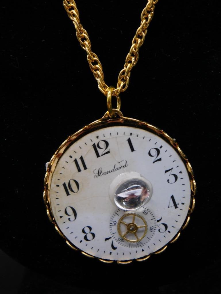 POCKET WATCH DIAL FACE PENDANT WITH STONE ON CHAIN NECKLACE: POCKET WATCH DIAL FACE PENDANT WITH STONE ON CHAIN NECKLACE