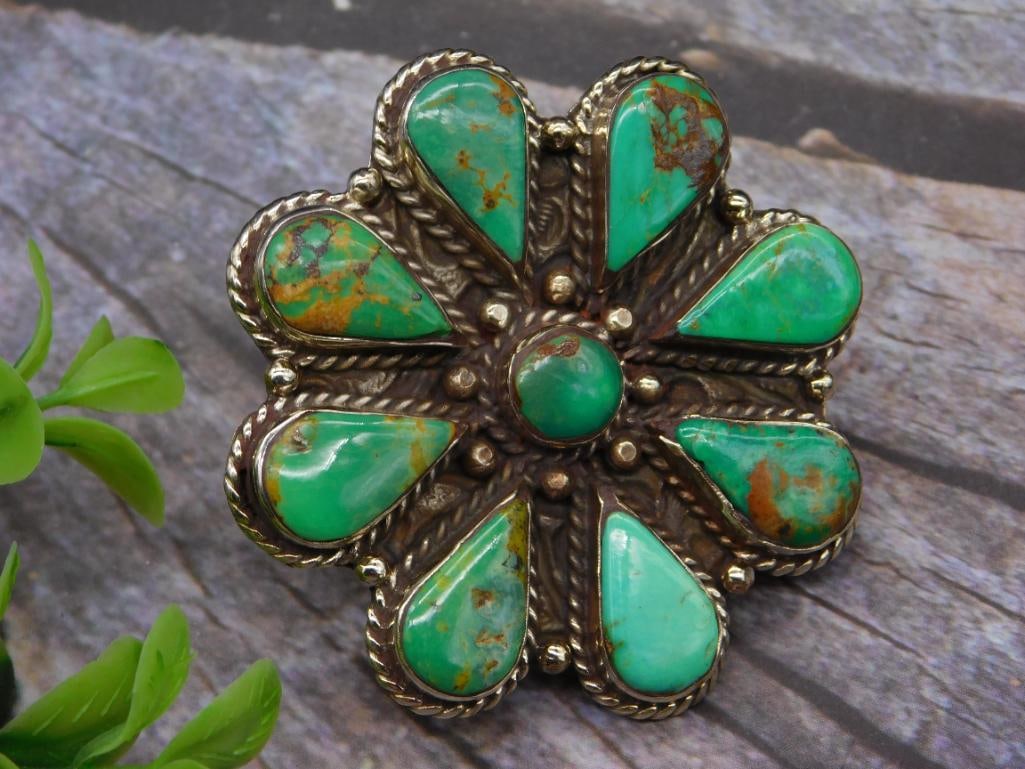 TURQUOISE SQUASH BLOSSOM ADJUSTABLE RING WITH INTRICATE TOOLING: TURQUOISE SQUASH BLOSSOM ADJUSTABLE RING WITH INTRICATE TOOLING