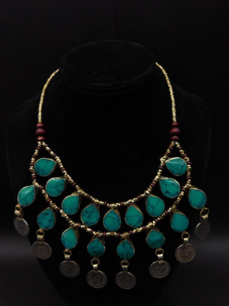 TURQUOISE AND COIN DOUBLE STRANDED NECKLACE: TURQUOISE AND COIN DOUBLE STRANDED NECKLACE