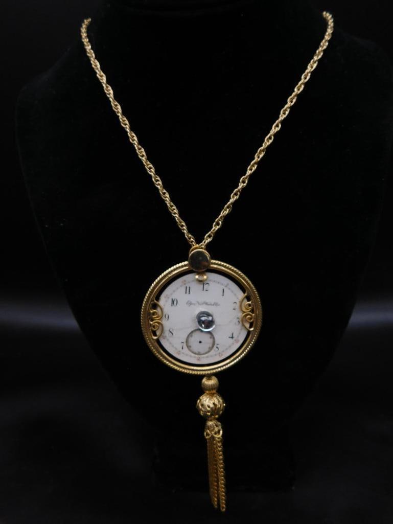 STEAMPUNK ELGIN WATCH FACE AND STONE PENDANT ON CHAIN NECKLACE: STEAMPUNK ELGIN WATCH FACE AND STONE PENDANT ON CHAIN NECKLACE