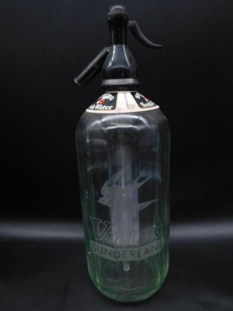 A VINTAGE SELTZER BOTTLE SODA SYPHON SIPHON GLASS MID CENTURY ANTIQUE ADVERTISING: VINTAGE SELTZER BOTTLE SODA SYPHON SIPHON GLASS MID CENTURY ANTIQUE ADVERTISING