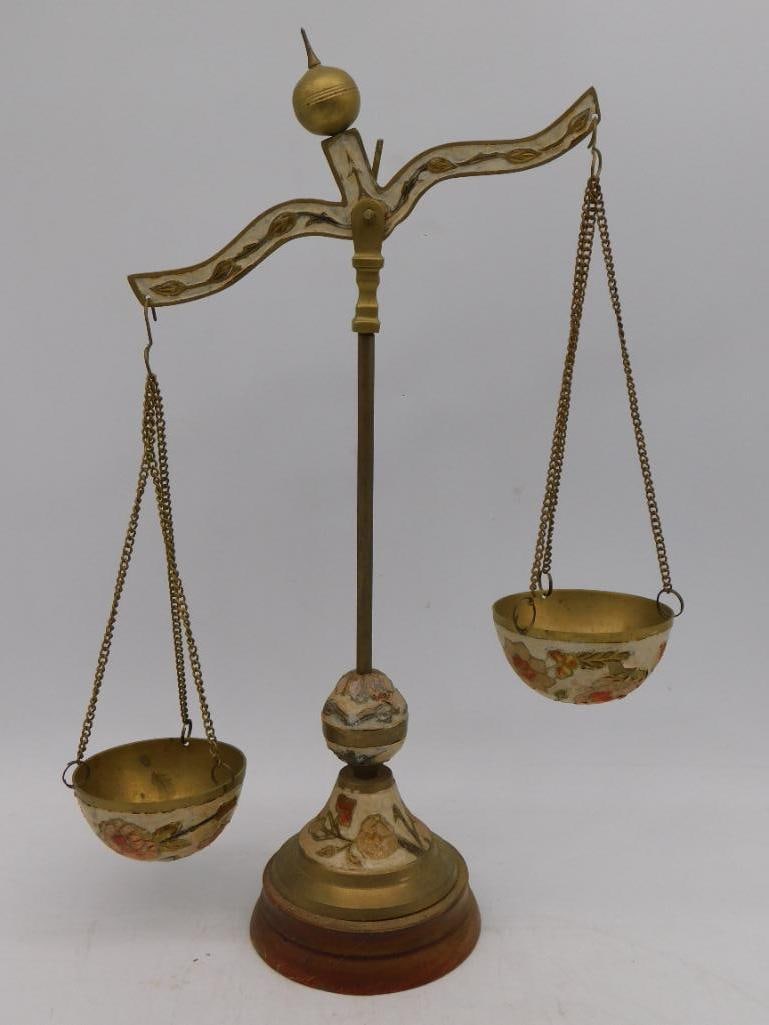 A VINTAGE BRASS AND ENAMEL SCALE OF JUSTICE WITH FLORAL DESIGN ANTIQUE: VINTAGE BRASS AND ENAMEL SCALE OF JUSTICE WITH FLORAL DESIGN ANTIQUE