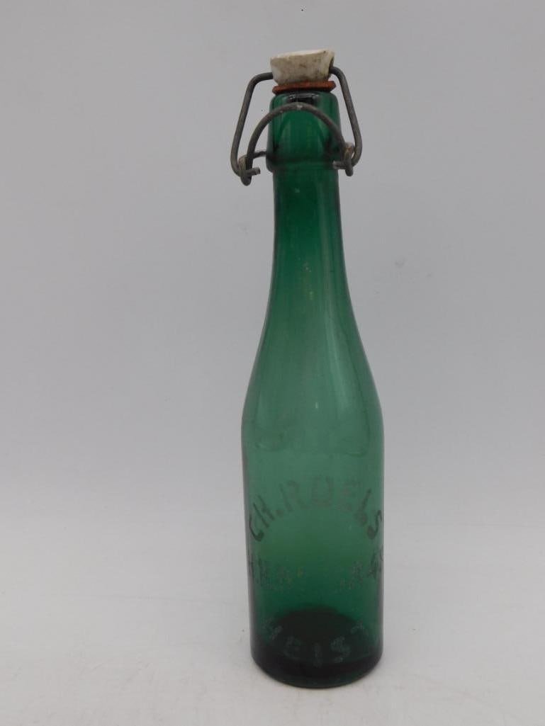 ANTIQUE GREEN GLASS BEER BOTTLE WITH SWING-TOP STOPPER VINTAGE ANTIQUE: ANTIQUE GREEN GLASS BEER BOTTLE WITH SWING-TOP STOPPER VINTAGE ANTIQUE