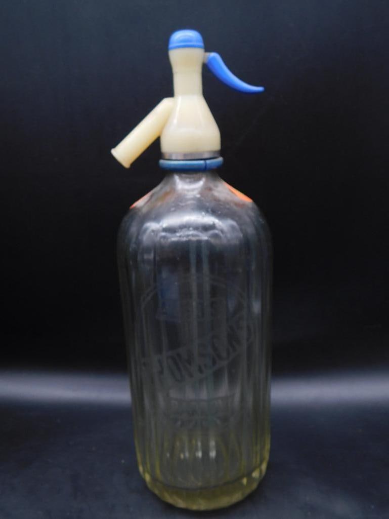 VINTAGE SELTZER BOTTLE GLASS ADVERTISING SYPHON SIPHON MID CENTURY ANTIQUE BOTTLE: VINTAGE SELTZER BOTTLE GLASS ADVERTISING SYPHON SIPHON MID CENTURY ANTIQUE BOTTLE