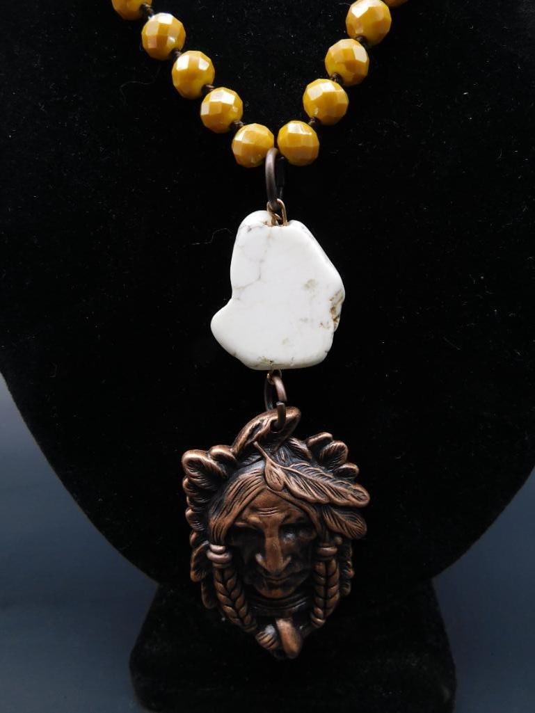 CHIEF PENDANT WITH HOWLITE ACCENT ON SPARKLE BEAD NECKLACE: CHIEF PENDANT WITH HOWLITE ACCENT ON SPARKLE BEAD NECKLACE