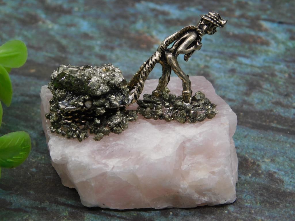 PYRITE MINER ON ROSE QUARTZ ROCK STONE LAPIDARY SPECIMEN: PYRITE MINER ON ROSE QUARTZ ROCK STONE LAPIDARY SPECIMEN