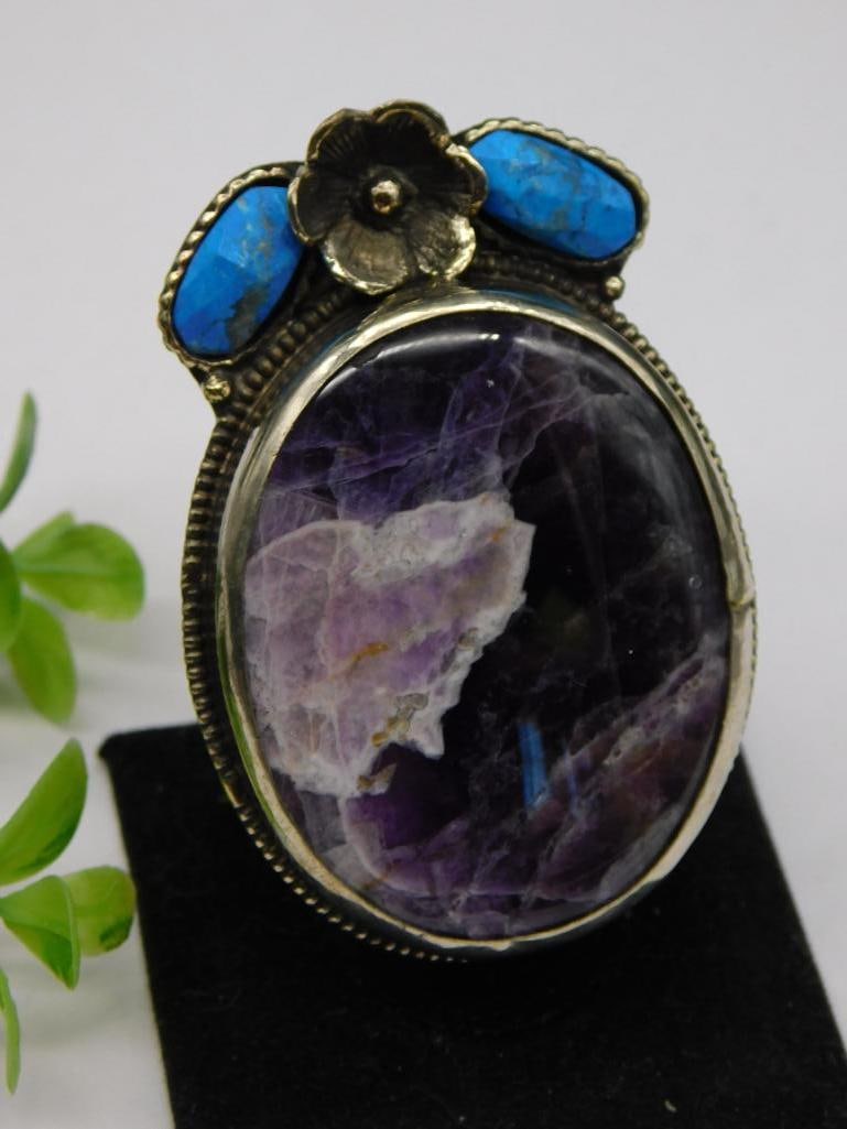 AMETHYST AND TURQUOISE ADJUSTABLE STATEMENT RING ROCK STONE LAPIDARY SPECIMEN: AMETHYST AND TURQUOISE ADJUSTABLE STATEMENT RING ROCK STONE LAPIDARY SPECIMEN